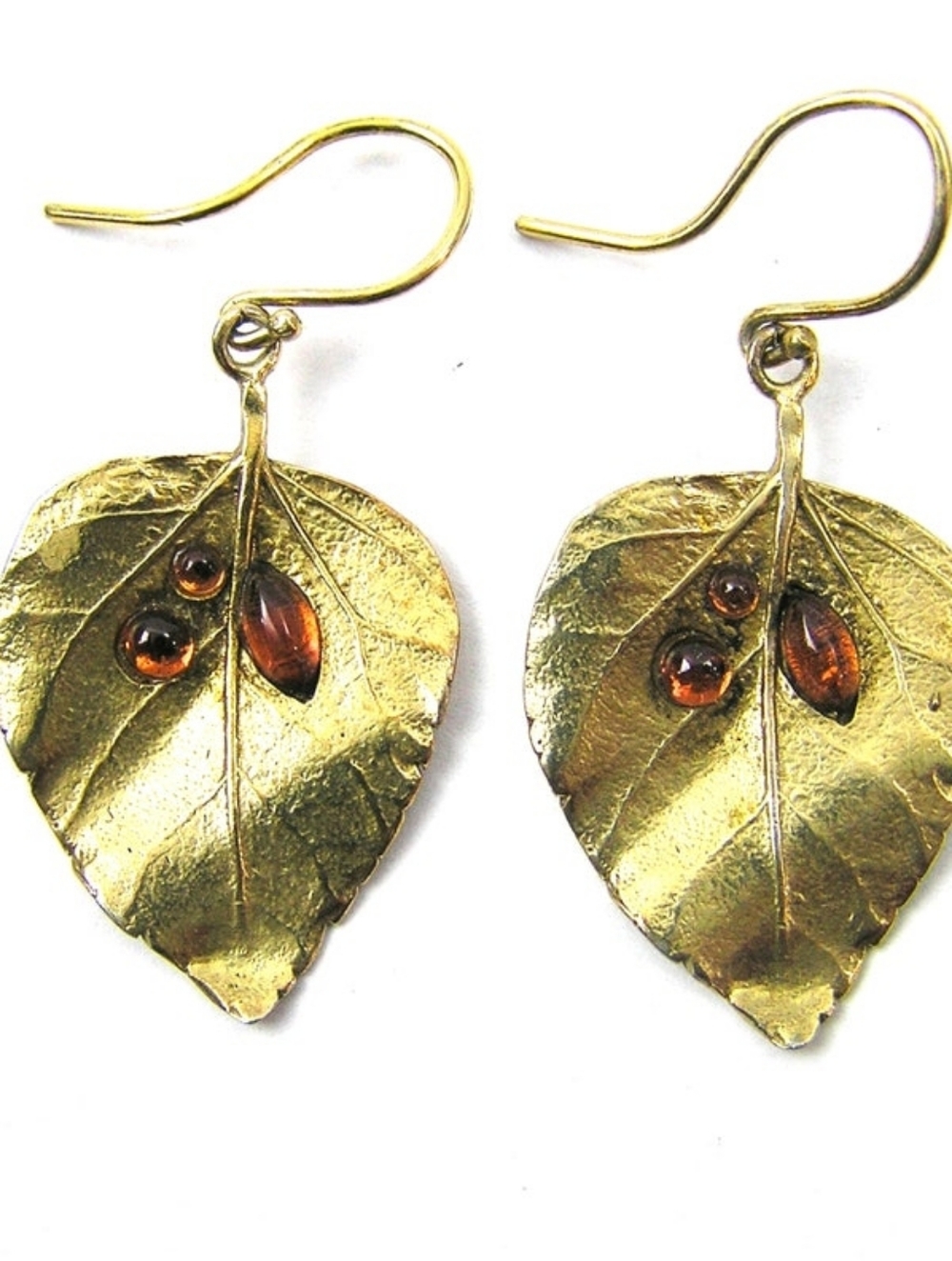 Gold Leaf Drop Earrings with Amber Accents